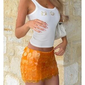 White Fox Boutique Vibrant Orange Sequin Mini Skirt